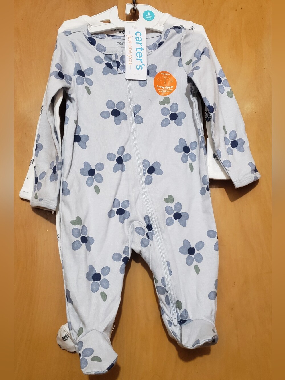 Carter's Light Blue And White Floral Zip-Front One-Piece Footies